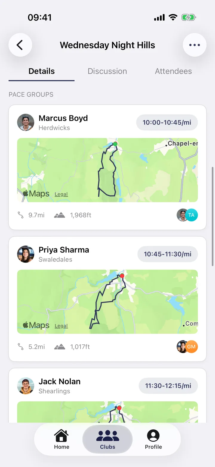 Club Run on iPhone: rsvp and choose your group